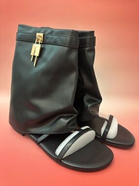 Cape Robbin Black Slouchy Sandal Boots Gold Lock Detail Chic Open Toe